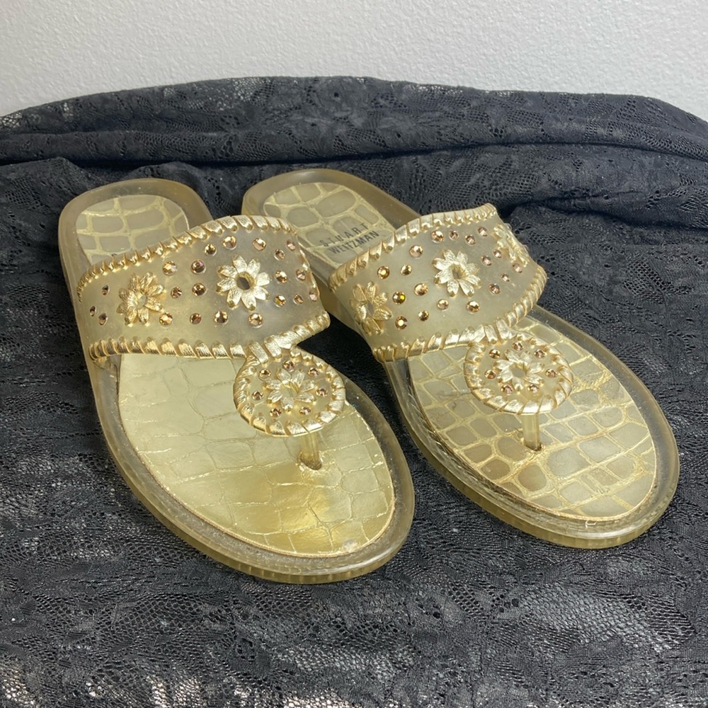 Stuart Weitzman Gold Floral Embellished Sandals Sz 7